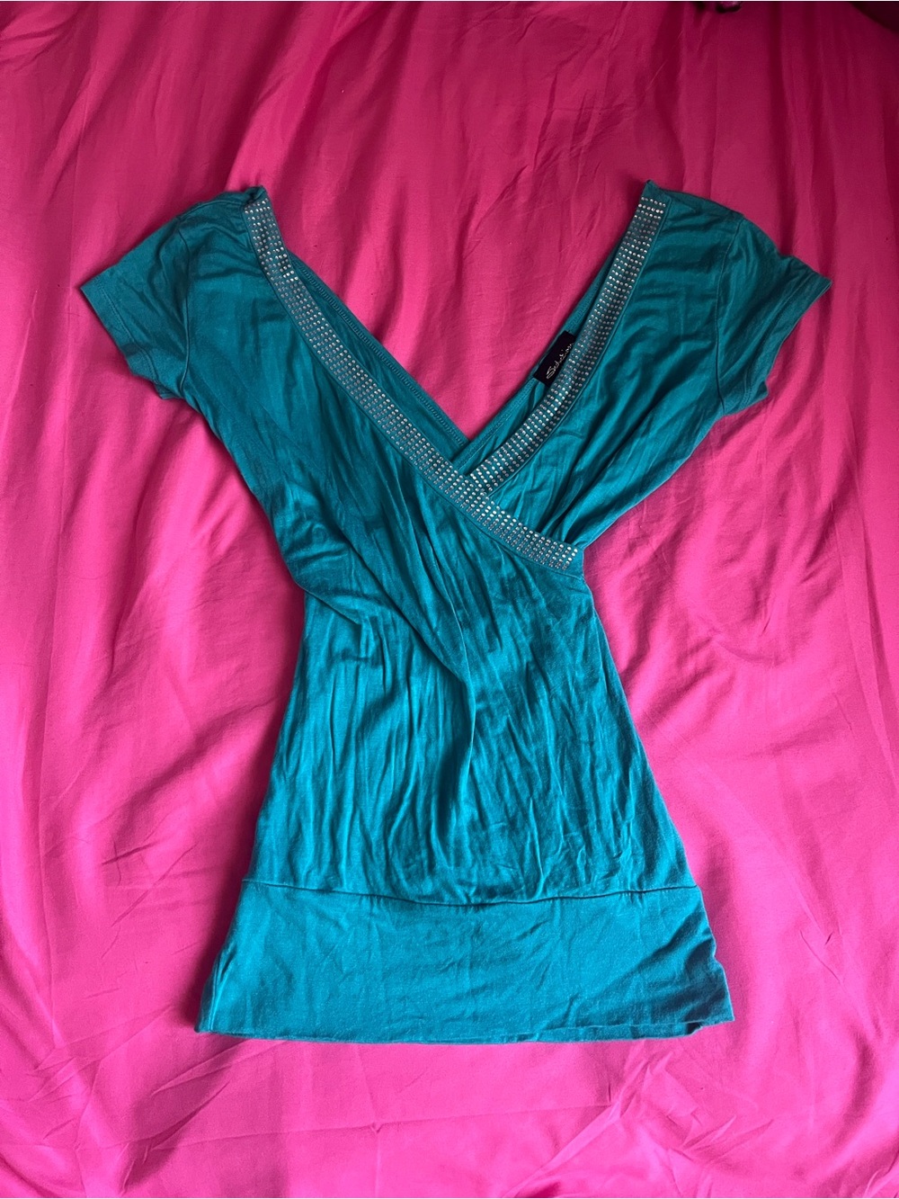 Teal V-Neck Short Sleeve Blouse with Embellished Trim